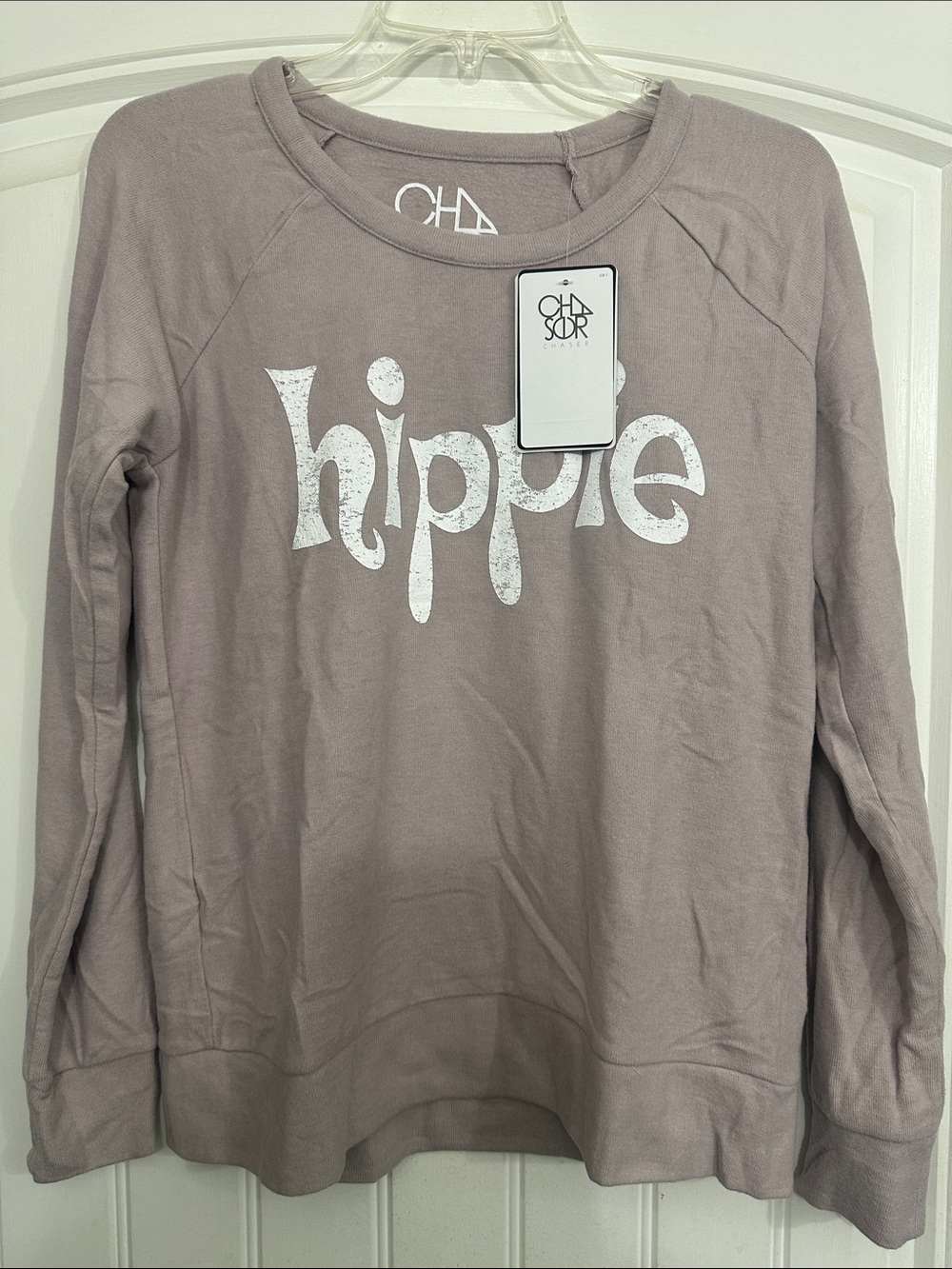 Chaser Women's 'Hippie' Crewneck Sweatshirt - Mauve with White Graphic